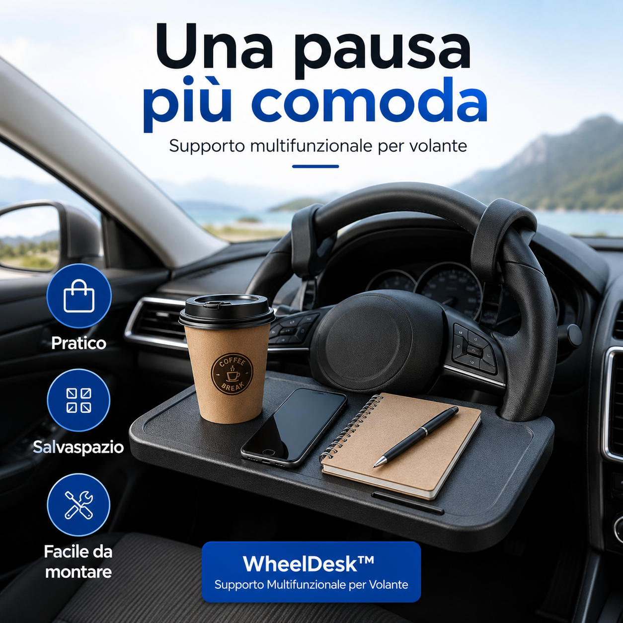 WheelDesk™ – Supporto Multifunzionale per Volante