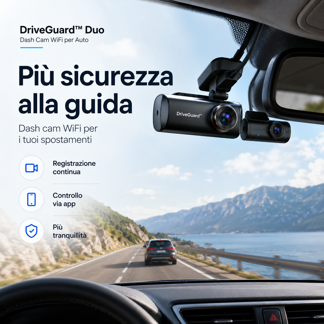 DriveGuard™ Duo – Dash Cam WiFi per Auto