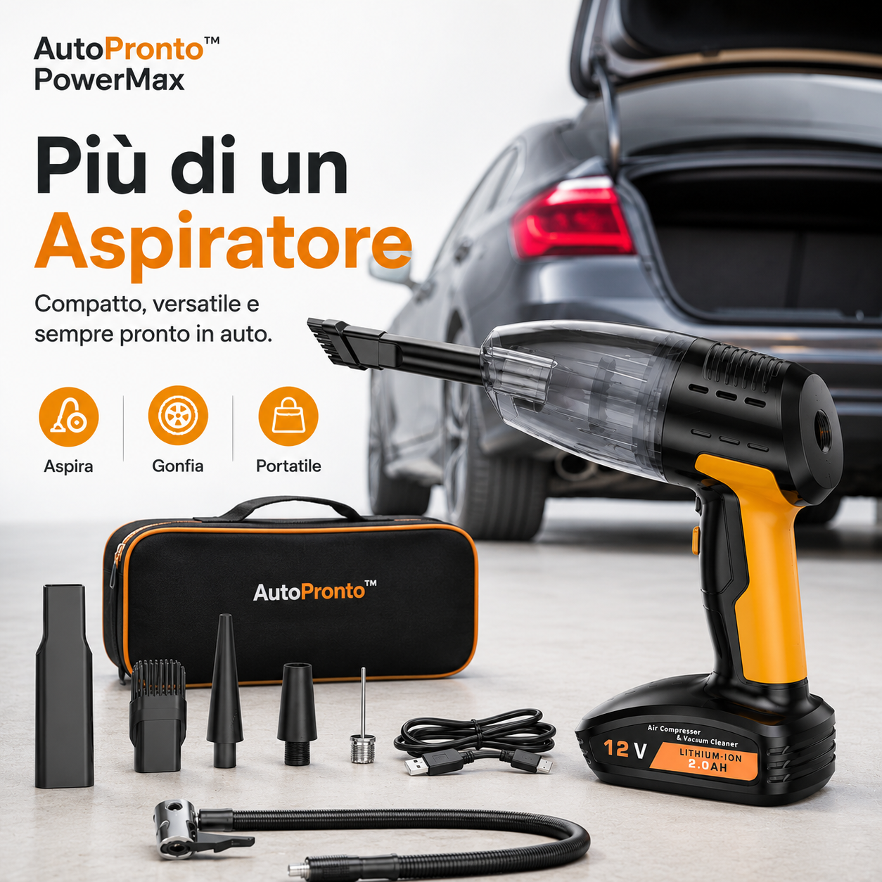 AutoPronto™ PowerMax – Aspirapolvere Auto e Gonfiatore Pneumatici 4 in 1