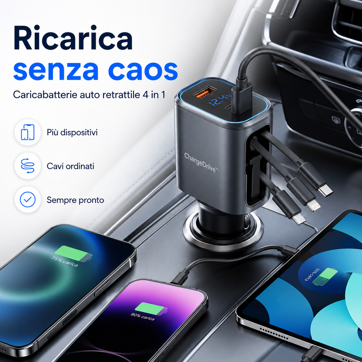 ChargeDrive™ 4 in 1 – Caricabatterie Auto Retrattile
